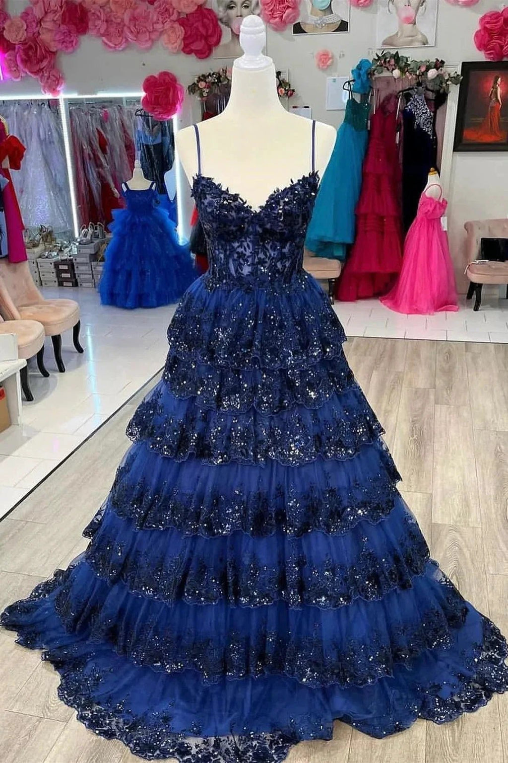 Maryam |A Line Spaghetti Straps Tiered Lace Prom Dress by KissProm