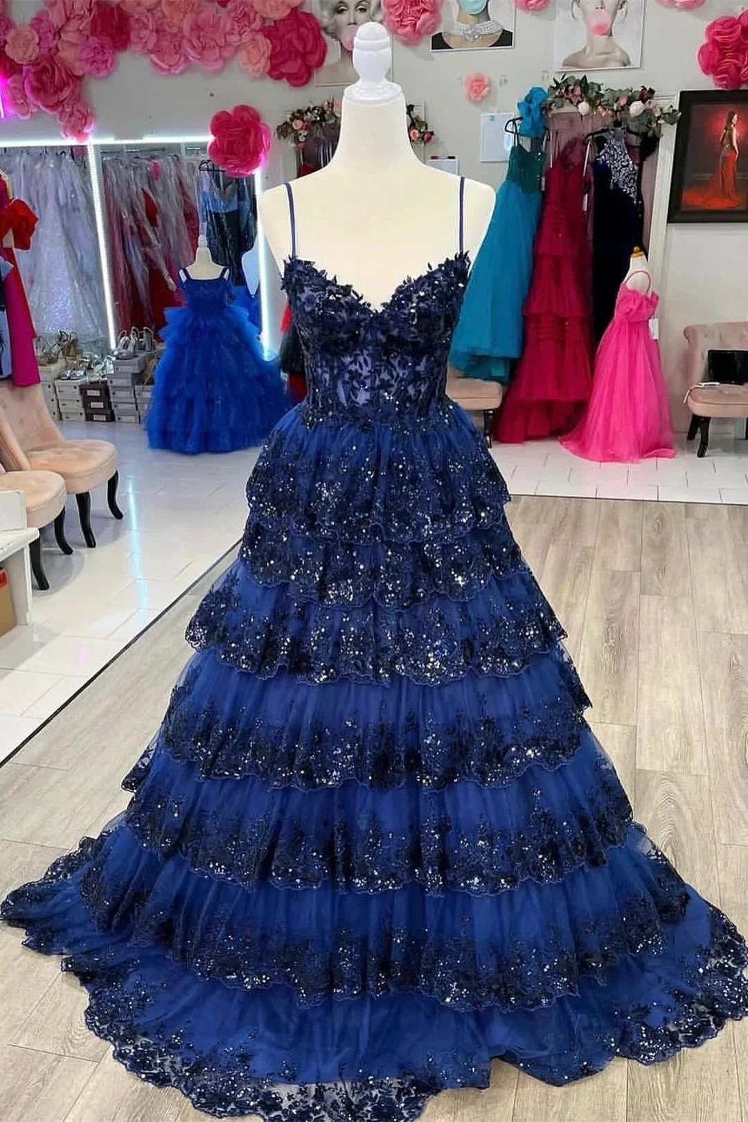 Maryam |A Line Spaghetti Straps Tiered Lace Prom Dress by KissProm