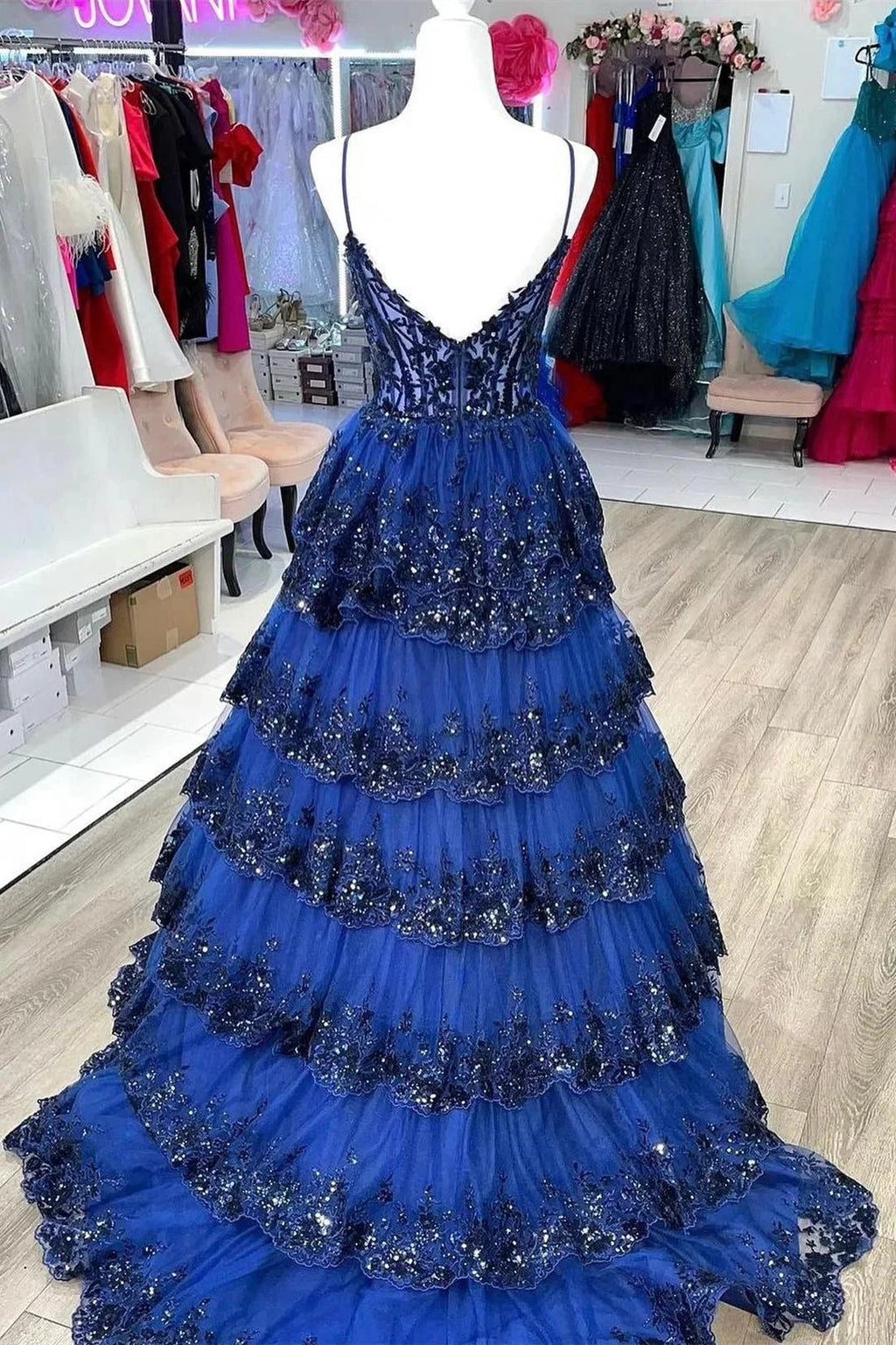 Maryam |A Line Spaghetti Straps Tiered Lace Prom Dress by KissProm