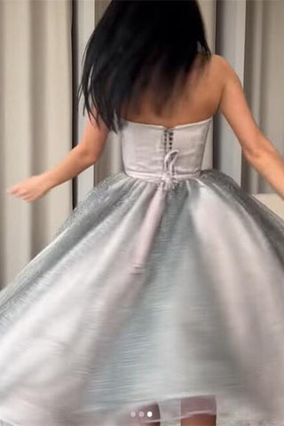 Strapless Silver A-Line Short Prom Dress Ruffle With Sequins and Tulle