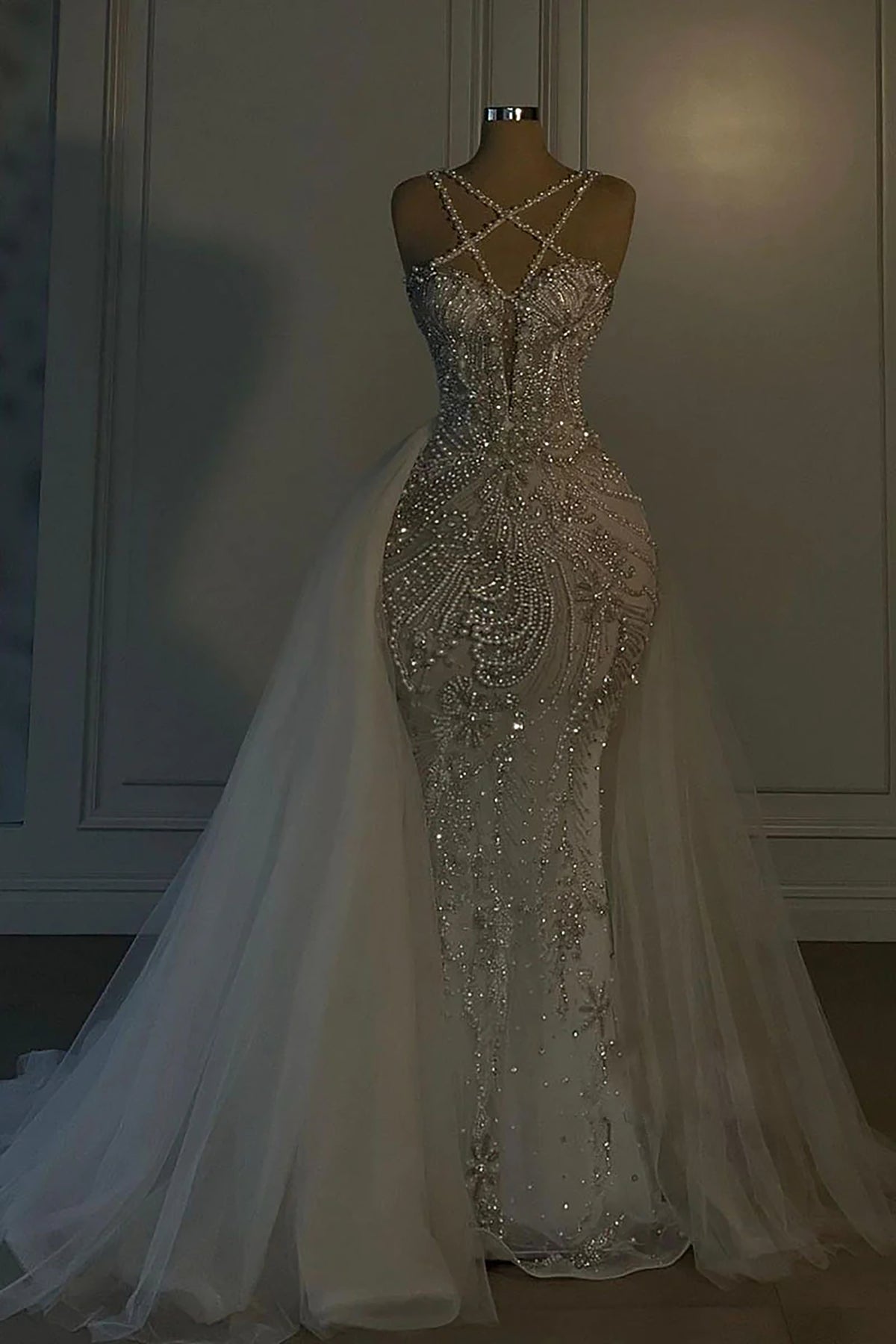 Heavy Mermaid Wedding Dress V-neck Spaghetti Strap Long With Beadings (ZD17406)