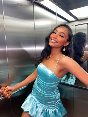 New mint green tight skirt sexy pleated skirt high waist pleated satin dress short homecoming dress Y1903