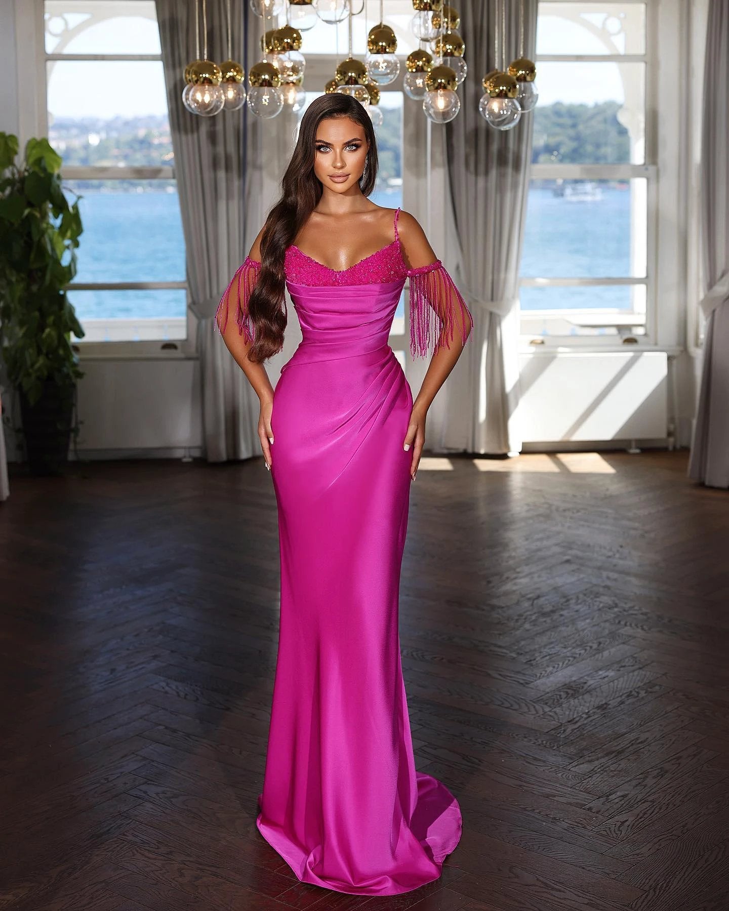 Fuchsia Evening Dress with Spaghetti Strap Pleated Tassel and Sequins by BIZTUNNEL