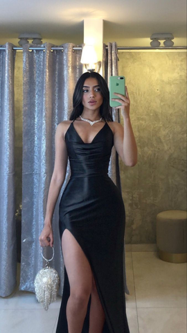 Vestido de noche negro de corte tubo, formal, de satén, con cuello vuelto, largo, Y4123
