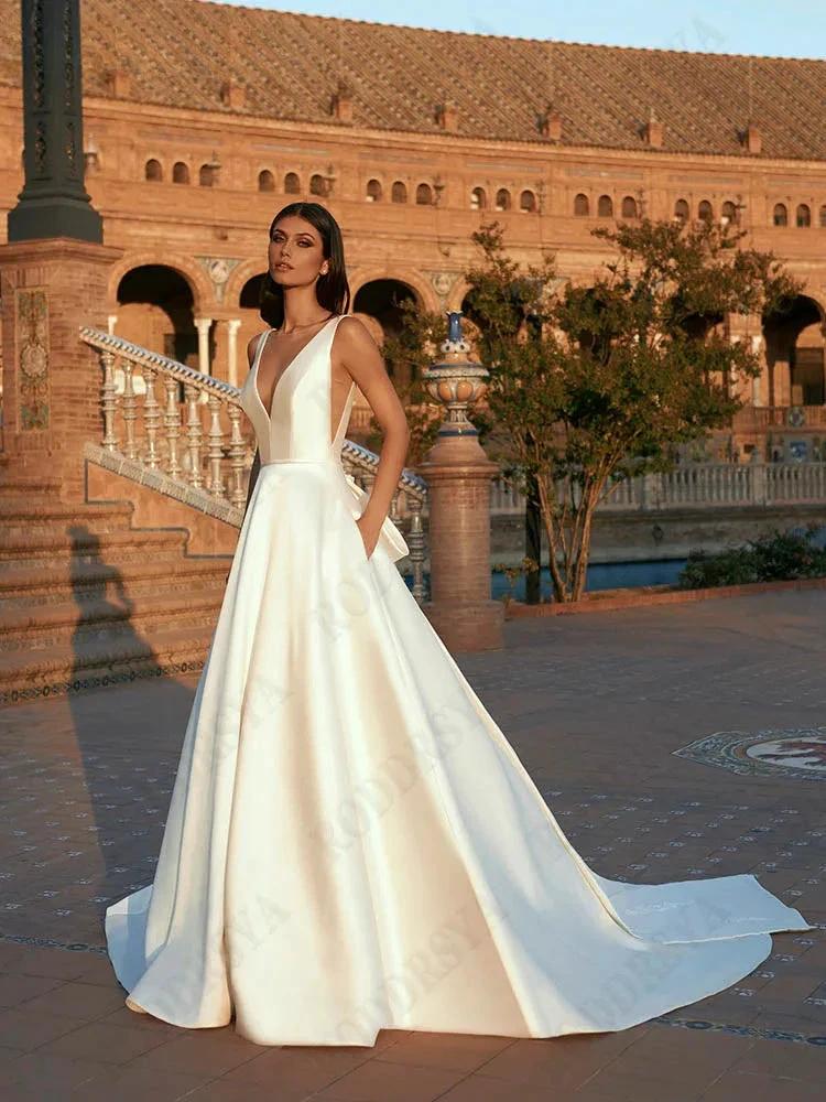 Spaghetti Straps V-Neck Vestido De Novia Sleeveless Appliques Satin Bride Party Backless A-Line Wedding Dress For Women by payinti