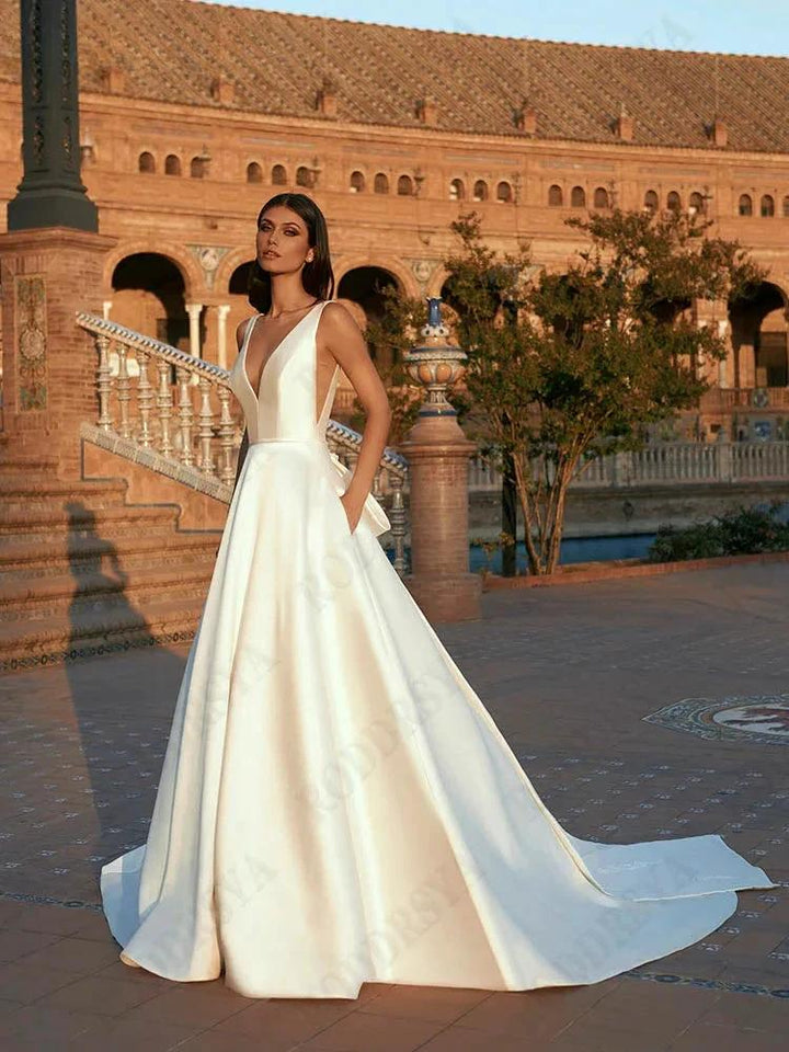 Spaghetti Straps V-Neck Vestido De Novia Sleeveless Appliques Satin Bride Party Backless A-Line Wedding Dress For Women by payinti