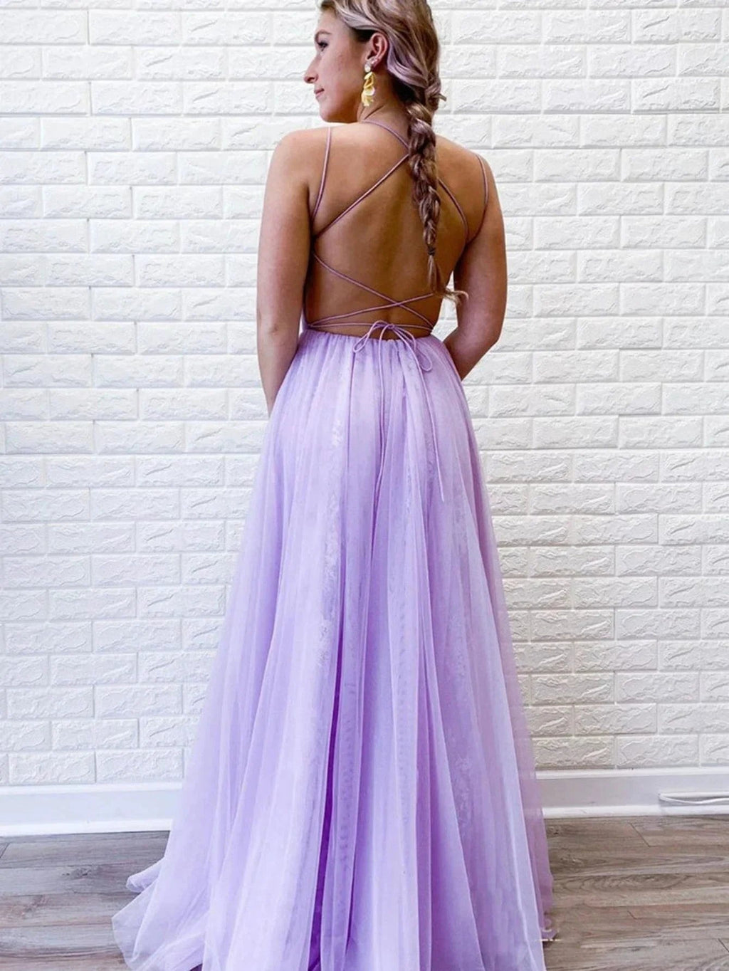 A Line Purple Backless Tulle Long Prom Dress by KissProm