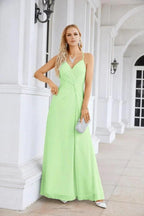 Ladies Chiffon Spaghetti Strap V Neck Front Slit Floor Length Bridesmaid Evening Dress Prom Party Wedding Evening Dress 28116 by numbersea