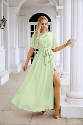 Ladies Chiffon Sleeve Crew Neck Front Slit Floor Length Bridesmaid Evening Dress Wedding Party Evening Dress 28124