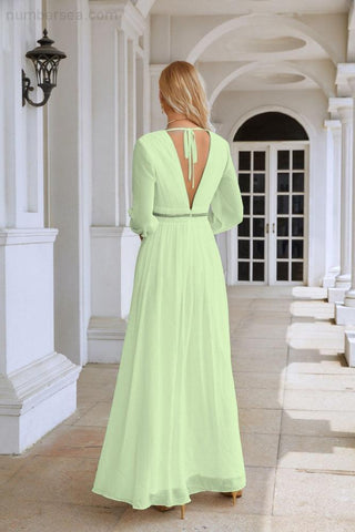 Ladies V Neck Chiffon Long Sleeve Front Slit Bridesmaid Evening Dress Wedding Party Shopping Evening Dress 28109