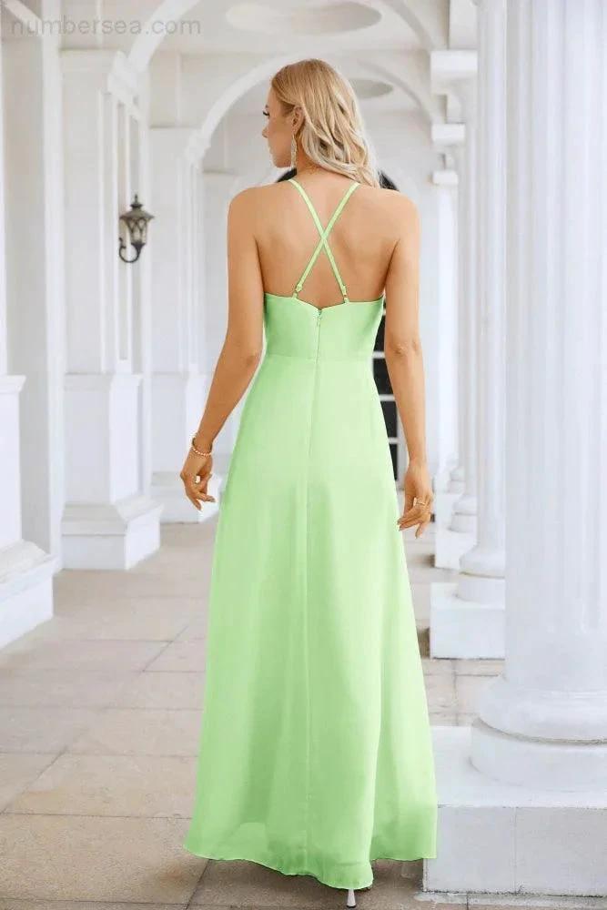 Ladies Chiffon Spaghetti Strap V Neck Front Slit Floor Length Bridesmaid Evening Dress Prom Party Wedding Evening Dress 28116 by numbersea