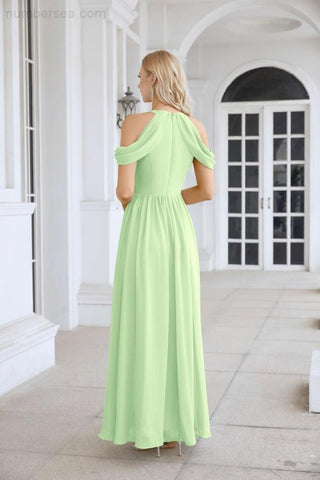 Ladies Chiffon Off Shoulder Swing Sleeve Front Slit Bridesmaid Evening Dress Wedding Party Evening Dress 28117