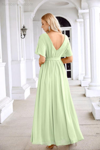 Ladies Chiffon Sleeve Crew Neck Front Slit Floor Length Bridesmaid Evening Dress Wedding Party Evening Dress 28124