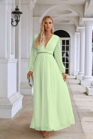 Ladies V Neck Chiffon Long Sleeve Front Slit Bridesmaid Evening Dress Wedding Party Shopping Evening Dress 28109