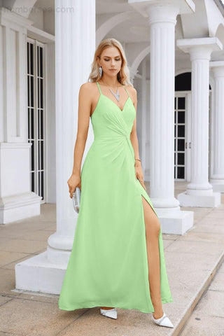 Ladies Chiffon Spaghetti Strap V Neck Front Slit Floor Length Bridesmaid Evening Dress Prom Party Wedding Evening Dress 28116