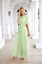 Ladies Chiffon Sleeve Crew Neck Front Slit Floor Length Bridesmaid Evening Dress Wedding Party Evening Dress 28124 by numbersea