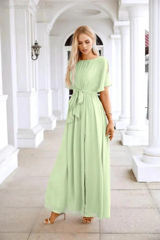 Ladies Chiffon Sleeve Crew Neck Front Slit Floor Length Bridesmaid Evening Dress Wedding Party Evening Dress 28124 by numbersea