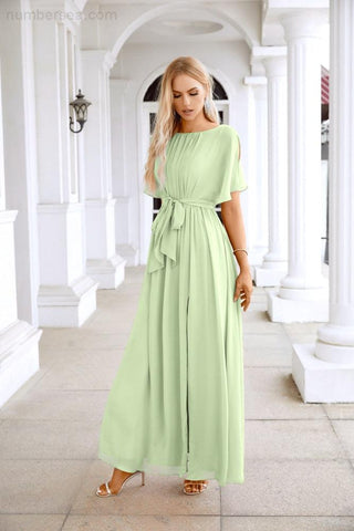 Ladies Chiffon Sleeve Crew Neck Front Slit Floor Length Bridesmaid Evening Dress Wedding Party Evening Dress 28124