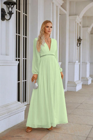 Ladies V Neck Chiffon Long Sleeve Front Slit Bridesmaid Evening Dress Wedding Party Shopping Evening Dress 28109