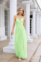 Ladies Chiffon Spaghetti Strap V Neck Front Slit Floor Length Bridesmaid Evening Dress Prom Party Wedding Evening Dress 28116 by numbersea
