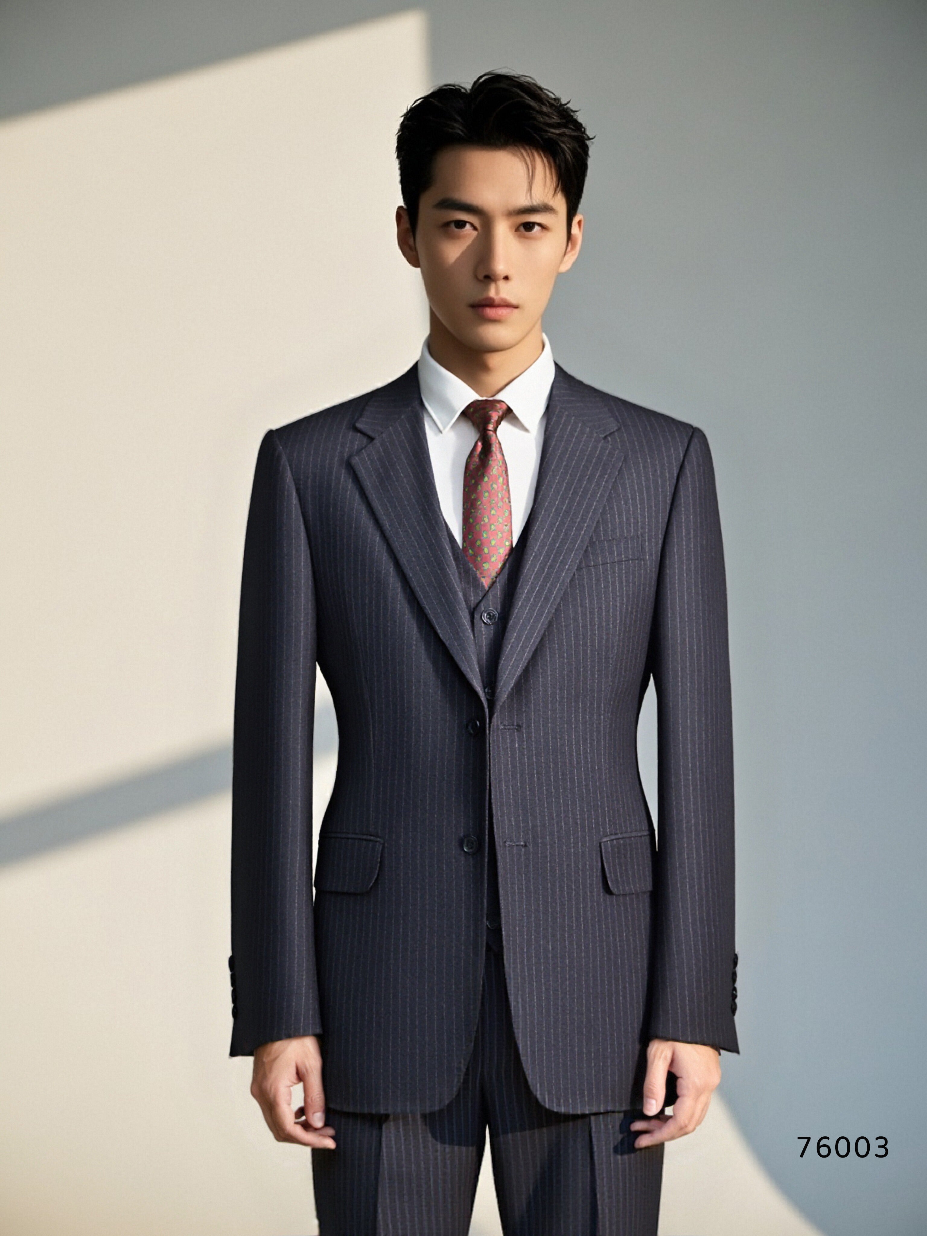 Three-Piece Pinstripe Wool Wedding Suit | Classic Tailored Formal Groom Suit by 男装
