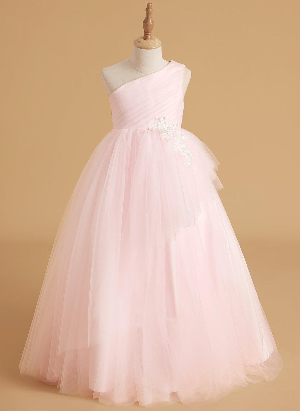 Enchanted Blush A-Line Princess Flower Girl Dress | One-Shoulder Tulle Gown w… - photo 1
