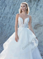 Delicate Ruffled Spaghetti Straps Wedding Dresses V-neck Appliques A-line Wedding Gowns Abito Da Sposa Customer Made by payinti