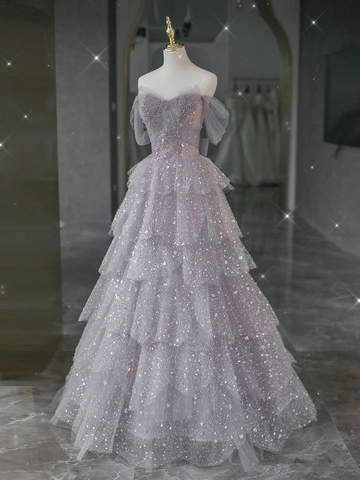 Hermoso vestido de fiesta de tul con hombros descubiertos, vestido de noche Y7580