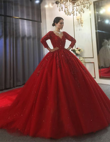 Roter Tüll V-Ausschnitt Langarm Applikationen Perlenbesetztes Brautkleid Ballkleid Y53