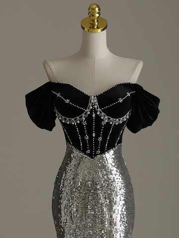 Schickes silbernes Meerjungfrau-Kleid mit Pailletten, schulterfrei, Perlenbesatz, Abendkleid Y7613