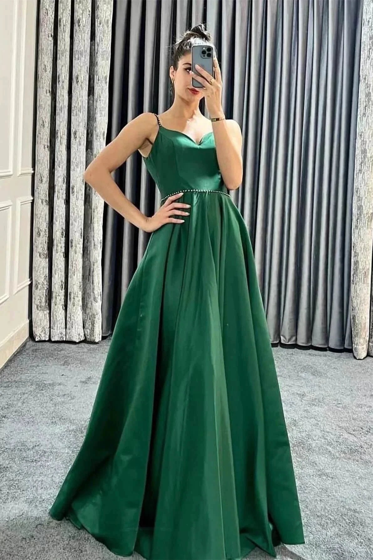 Long A-line Spaghetti Straps V-Neck Sleeveless Prom Dresses with Pockets by BIZTUNNEL