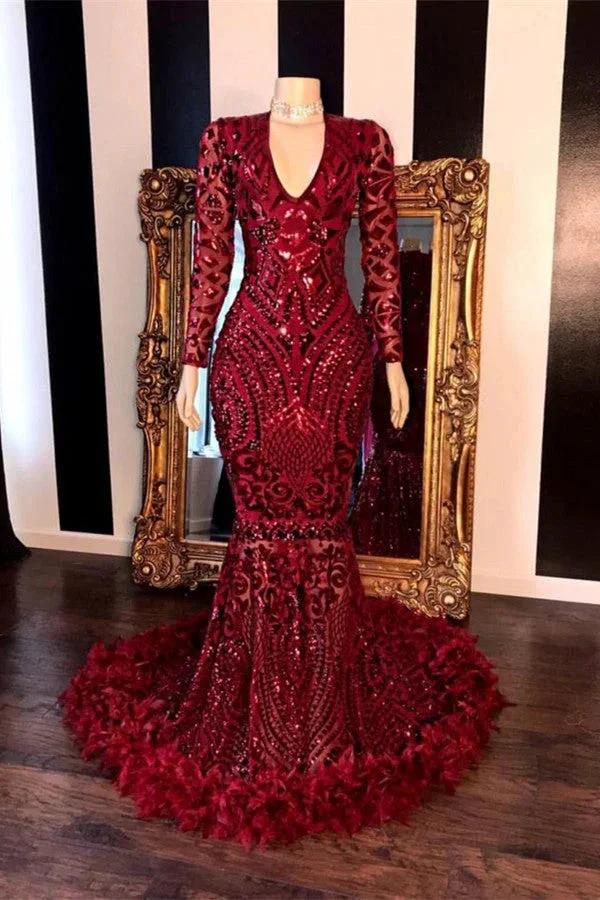Sequins Mermaid Floor Length Prom Dress Burgundy Long Sleeves by BIZTUNNEL