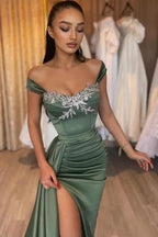 Glamorous Long Green Sleeveless Sexy Lace Satin Prom Dress with Slit by misshow.com
