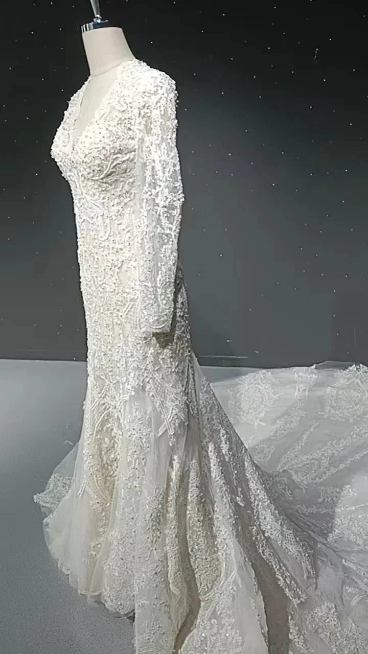 V-neck long sleeved luxurious nail bead trailing bridal veil by ZAPDRESS