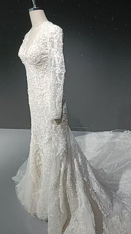 V-neck long sleeved luxurious nail bead trailing bridal veil