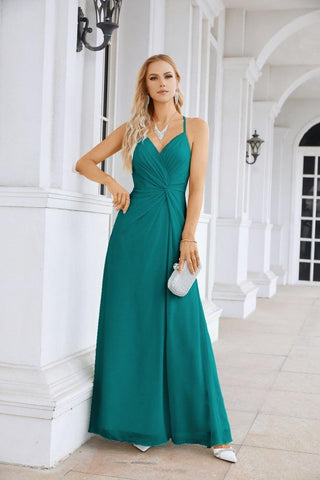 Ladies Chiffon Spaghetti Strap V Neck Front Slit Floor Length Bridesmaid Evening Dress Prom Party Wedding Evening Dress 28116