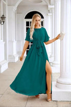 Ladies Chiffon Sleeve Crew Neck Front Slit Floor Length Bridesmaid Evening Dress Wedding Party Evening Dress 28124 by numbersea