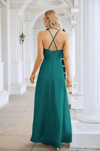 Ladies Chiffon Spaghetti Strap V Neck Front Slit Floor Length Bridesmaid Evening Dress Prom Party Wedding Evening Dress 28116 by numbersea