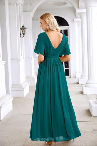 Ladies Chiffon Sleeve Crew Neck Front Slit Floor Length Bridesmaid Evening Dress Wedding Party Evening Dress 28124
