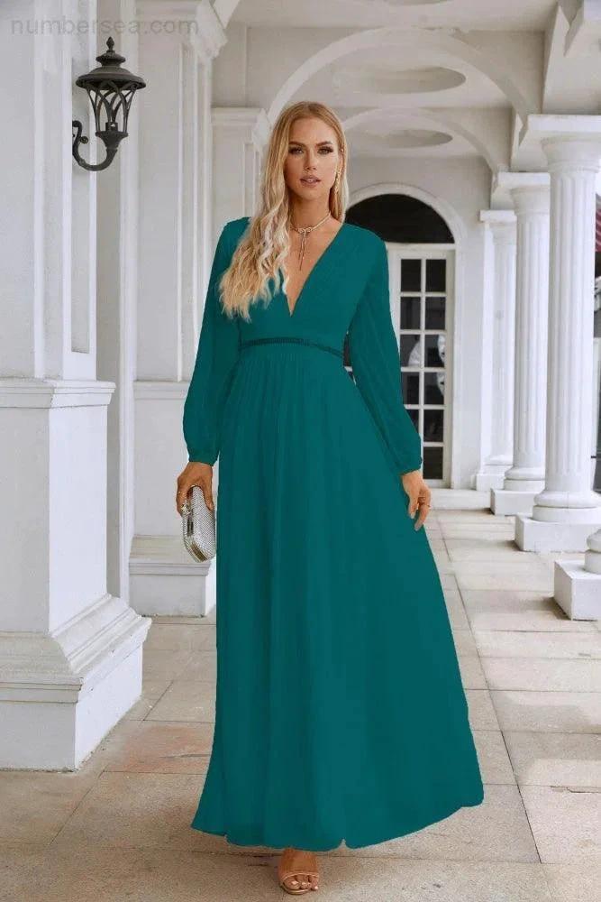Ladies V Neck Chiffon Long Sleeve Front Slit Bridesmaid Evening Dress Wedding Party Shopping Evening Dress 28109 by numbersea
