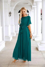Ladies Chiffon Sleeve Crew Neck Front Slit Floor Length Bridesmaid Evening Dress Wedding Party Evening Dress 28124 by numbersea