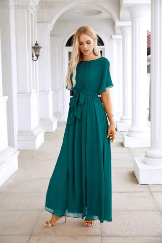 Ladies Chiffon Sleeve Crew Neck Front Slit Floor Length Bridesmaid Evening Dress Wedding Party Evening Dress 28124