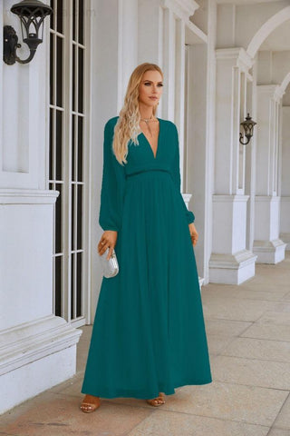 Ladies V Neck Chiffon Long Sleeve Front Slit Bridesmaid Evening Dress Wedding Party Shopping Evening Dress 28109