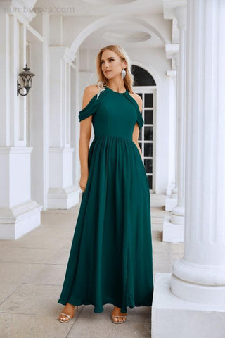 Ladies Chiffon Off Shoulder Swing Sleeve Front Slit Bridesmaid Evening Dress Wedding Party Evening Dress 28117