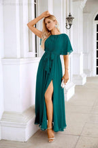 Ladies Chiffon Sleeve Crew Neck Front Slit Floor Length Bridesmaid Evening Dress Wedding Party Evening Dress 28124 by numbersea