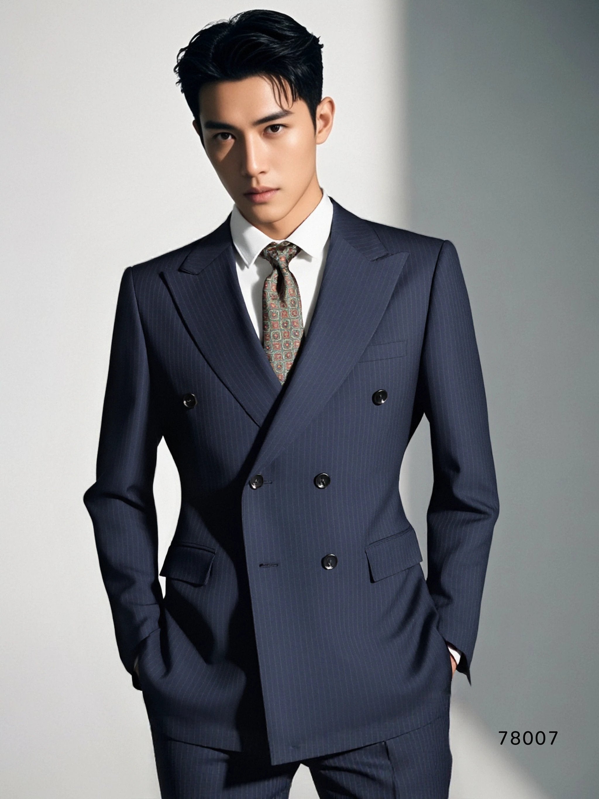 Double-Breasted Pinstripe Navy Wool Suit | Tailored Formal Groom & Business Suit by 男装