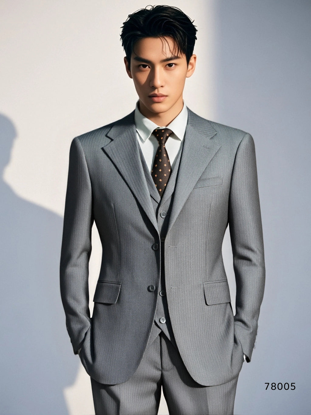 Three-Piece Subtle Pinstripe Grey Wool Suit | Tailored Formal Groom & Business Suit by 男装