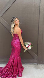 Strapless Fuchsia Sequins Long Prom Dress,Elegant Mermaid Evening Dress  Y1876