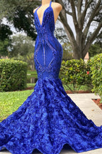 Royal Blue V-Neck Mermaid Prom Dress with Halter Neckline and Open Back by BIZTUNNEL