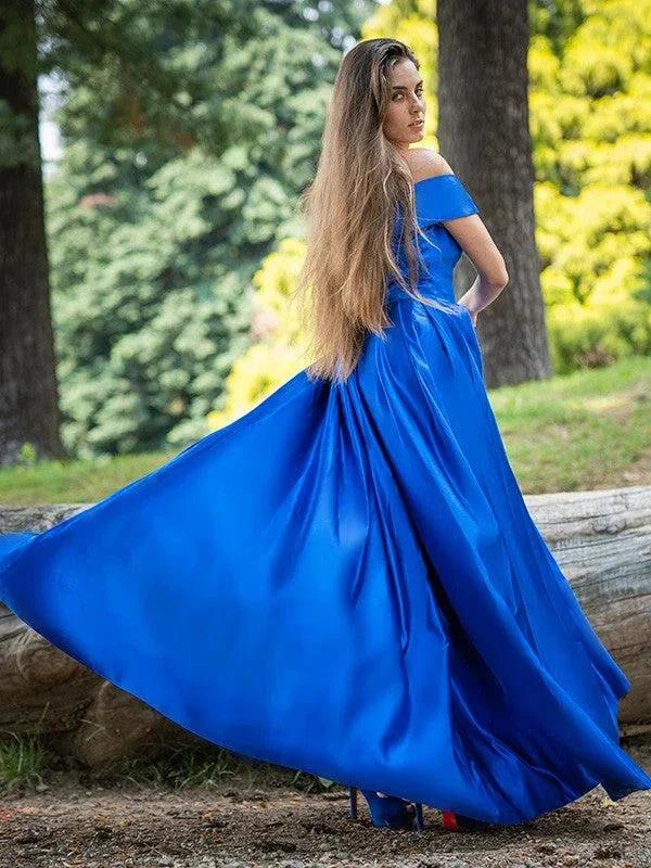 Regal Blue Off The Shoulder A-Line Satin Gown with Elegant Split Hem by BIZTUNNEL